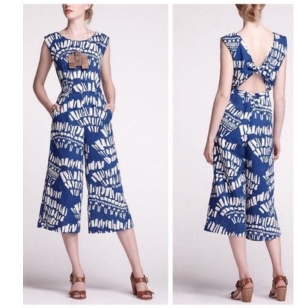 Corey Lynn Calter Womens M Jumpsuit Blue White Linen Blend Open Back Wide Leg